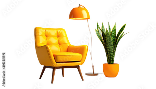 A vibrant yellow armchair, floor lamp, and potted snake plant create a cozy, well-lit interior scene