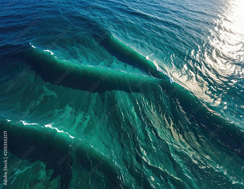 Naklejka premium Aerial view captures ocean waves with sun reflections. Teal and aqua colors create visual depth
