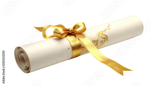 A rolled-up parchment scroll, tied with a decorative golden ribbon, resting diagonally. Elegant, classic, and celebratory
