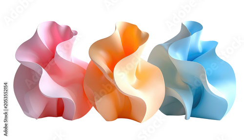 A trio of abstract, fluid forms in vibrant colors pastel pink, orange, and light blue against a stark black backdrop