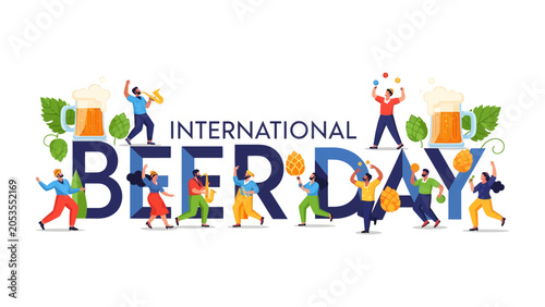 Konstfotografi International Beer Day Celebration: People of diverse backgrounds come together to celebrate International Beer Day, surrounded by giant beer mugs, hops