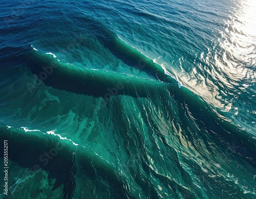 Aerial view captures ocean waves with sun reflections. Teal and aqua colors create visual depth