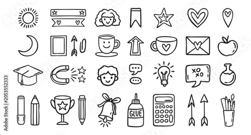 Random school elements set, primary cute icons, line art outline contour, monochrome, hand drawn