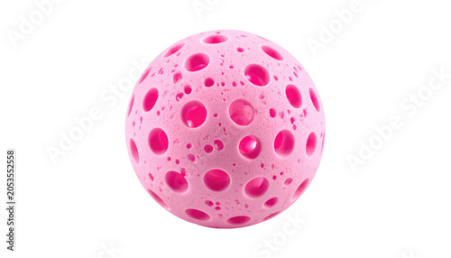 A vibrant pink sphere, textured with numerous circular perforations, is isolated against a stark black background, highlighting its unique form