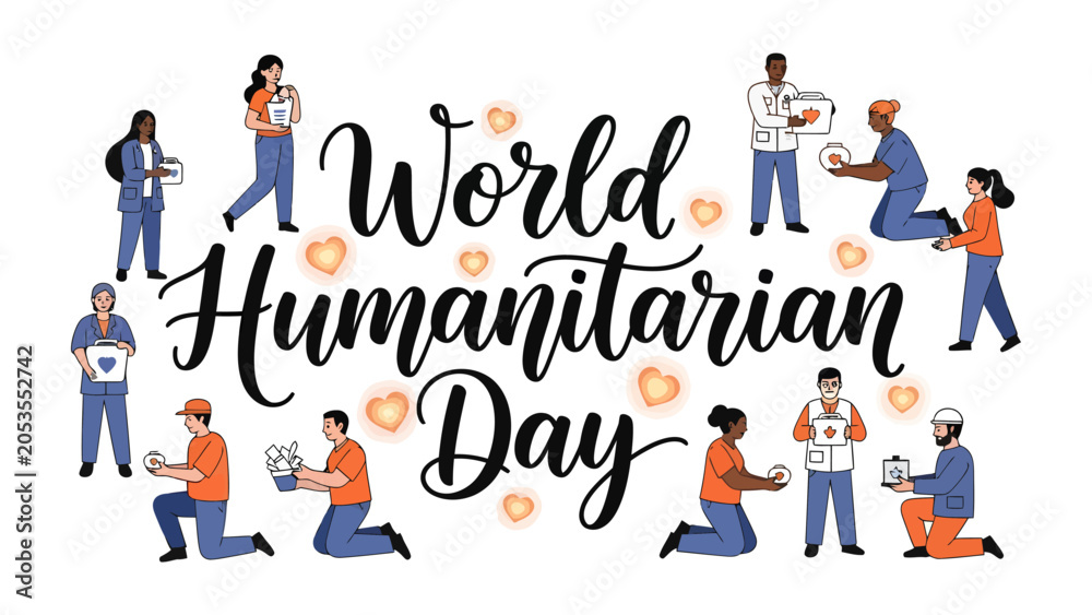 Fototapeta premium World Humanitarian Day Celebration: A diverse group of people comes together to honor World Humanitarian Day, showcasing acts of kindness, empathy.