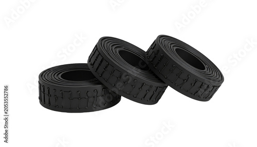 Three rolls of dark gray material, possibly tape or a flexible strip, are displayed against a black backdrop, with intricate surface details