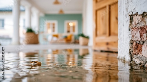 A serene view of a flooded entrance showcasing beautiful reflections, highlighting the sense of tranquility amidst the unusual water presence in a stylish setting.