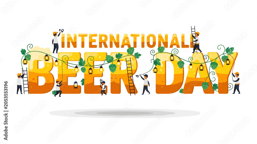 Fototapeta premium International Beer Day Celebration: Vibrant 3D letters spelling INTERNATIONAL BEER DAY are decorated with fairy lights and foliage.