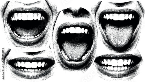 Tableau sur toile Vintage halftone mouth collage, retro grainy aesthetic lips and teeth set, black