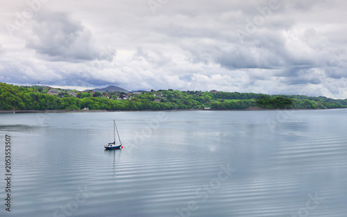 A minimilistic sailboat rests on calm, rippled water under a cloudy sky, with a lush green, tree-lined coast and houses stretching across the background.