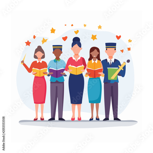Group of diverse people singing with books