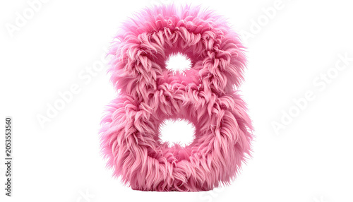 A fluffy, pink numeral eight with a soft, fuzzy texture. The number is rendered in a realistic, three-dimensional style against a black background