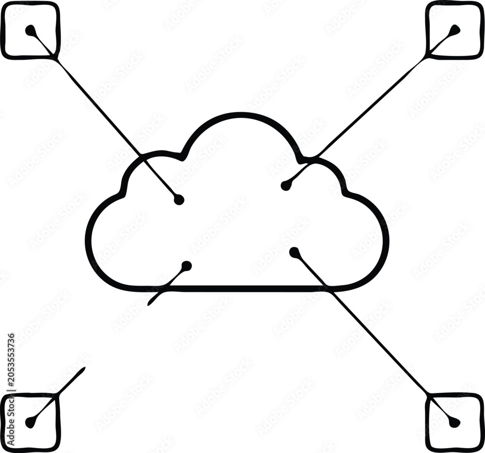 Fototapeta premium Distributed cloud network structure with connection points to external square nodes.