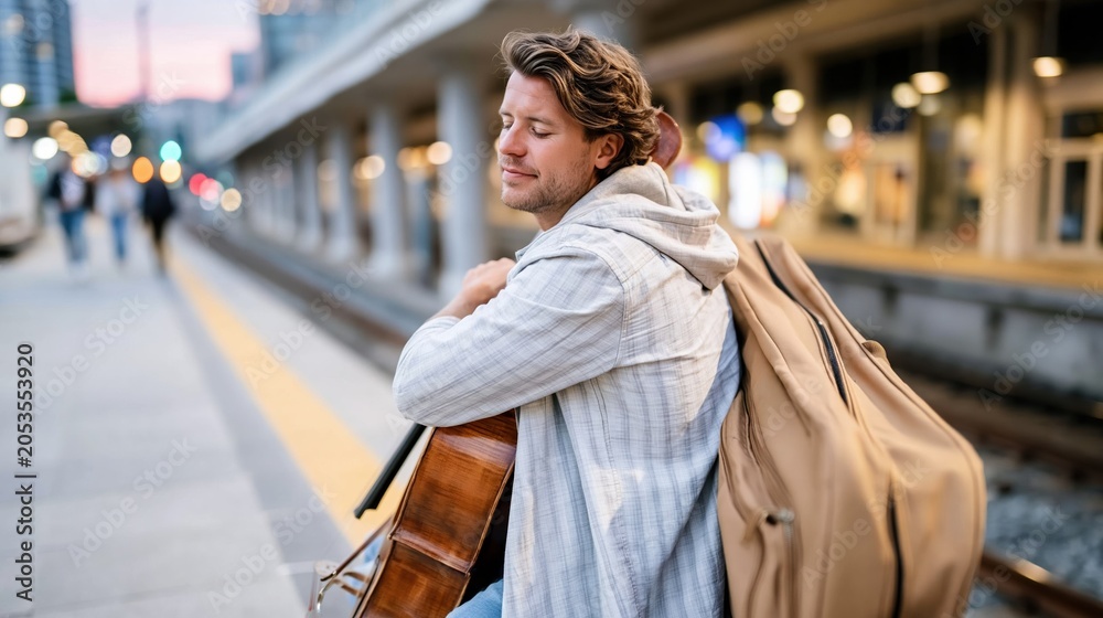 Fototapeta premium A young musician playing the cello at a bustling train station, creating a serene and soulful moment amid the chaotic urban environment of travel and art.