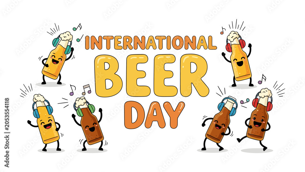 Fototapeta premium Happy International Beer Day: Animated beer bottles joyfully dance and celebrate International Beer Day, with musical notes floating around them in a vibrant and festive illustration.
