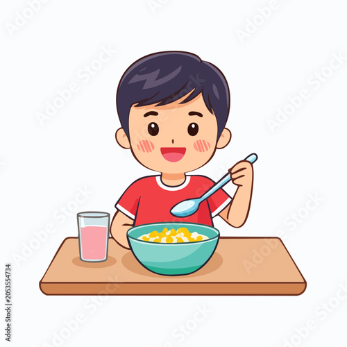 Cute Boy Eating Cereal with Milk