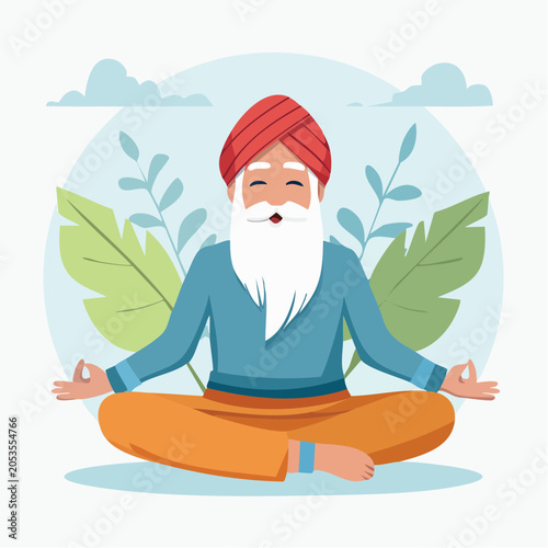 Elderly Man Meditating in Lotus Pose with Turban and Beard