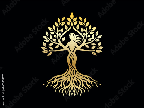 Gold tree of life silhouette featuring a stylized female figure with branching arms and deep roots silhouette spiritual environment abstract wellness connection illustration meditation