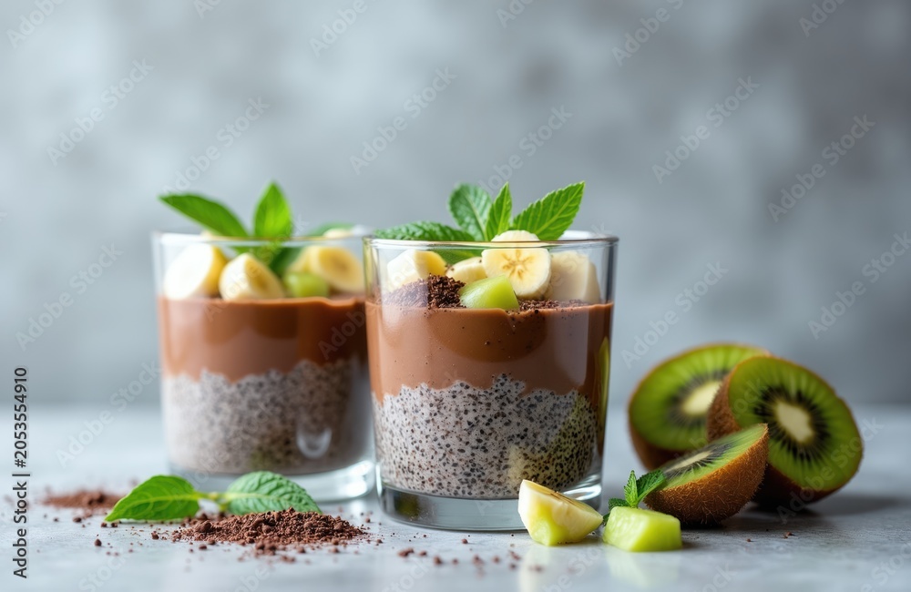 Fototapeta premium Two glasses of chocolate chia pudding with banana and kiwi toppings. Healthy breakfast or dessert option. Made with superfoods for a nutritious meal. Perfect for diet plans.