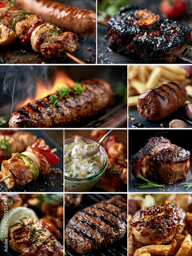 a montage of mouthwatering barbecue images in a grid formation separated by a white keyline creating a dynamic layout