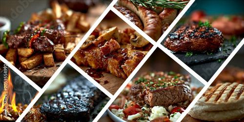 a montage of mouthwatering barbecue images in a grid formation separated by a white keyline creating a dynamic layout