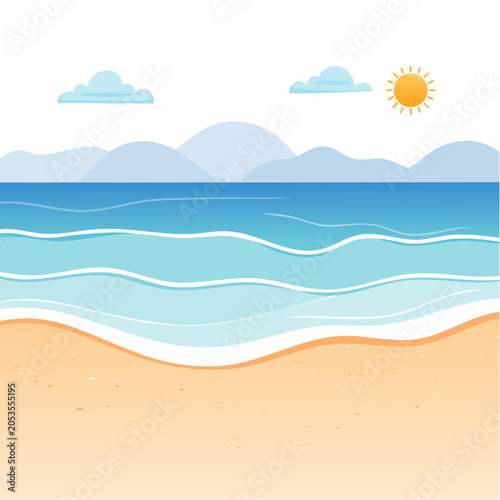 Stylized Beach Scene with Ocean Waves, Sand, Mountains, Clouds, and Sun