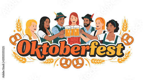 Obraz na plátně Oktoberfest Celebration: A lively illustration depicts a diverse group of people in traditional Bavarian attire, raising mugs of frothy beer in a festive Oktoberfest celebration