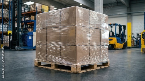 Stacked cardboard boxes on a wooden pallet wrapped in clear stretch film for shipping.