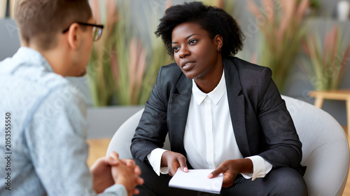 One on one mentoring meeting, woman leader supports employee, empathetic listening, calm coaching for career challenges, trust, psychological safety, modern office conversation with document in hand.