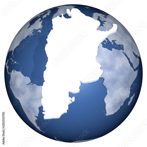 Sagoma dell’Argentina sovrapposta al globo terrestre, simbolo di identità nazionale, presenza internazionale e connessione tra Argentina e Sud America.