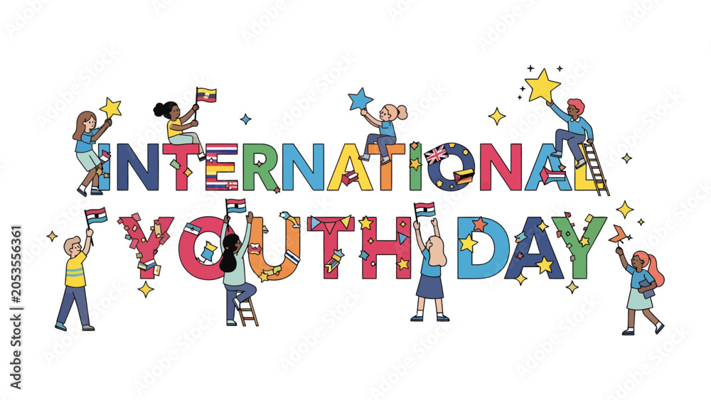 Fototapeta premium International Youth Day Celebration: Diverse young people joyfully decorate the text International Youth Day with stars and flags, symbolizing global unity and youthful energy.