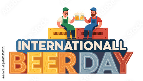 Canvastavla Celebrate with a Cold One: Two men in casual work attire toast with frothy beer mugs, sitting atop colorful crates under a bold International Beer Day graphic