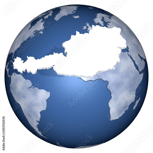 Sagoma dell’Austria sovrapposta al globo terrestre, simbolo di identità nazionale, presenza internazionale e connessione tra Austria ed Europa.