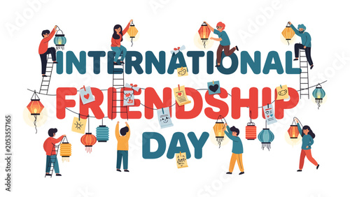 Foto International Friendship Day Celebration: A vibrant illustration depicting people of diverse backgrounds coming together to decorate with lanterns and posters