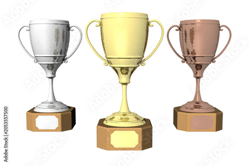 Tre trofei oro, argento e bronzo su base in legno. Simbolo di podio, successo, classifica e riconoscimento. Ideale per temi sportivi, aziendali, motivazionali e celebrativi.