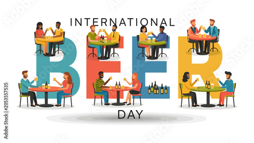Obraz na plátne International Beer Day Celebration: Diverse groups of friends and colleagues gather at tables, clinking glasses and enjoying refreshing beverages in a vibrant celebration of International Beer Day