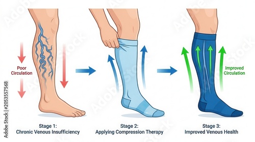 Medical education infographic showing three stages of compression stockings for improved blood flow.