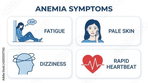 Anemia symptoms guide including fatigue, pale skin, dizziness, and rapid heartbeat.