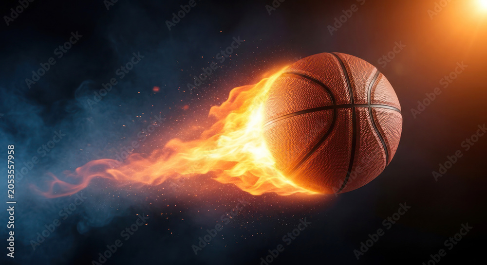 Fototapeta premium Basketball in motion with flames trailing behind it, set against a dark smoky background creating a dynamic sports-themed visual