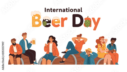 Foto International Beer Day Celebration: A vibrant illustration depicts a group of diverse people joyfully celebrating International Beer Day, relaxing on beer barrels with drinks in hand