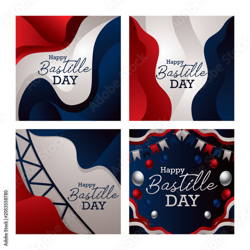Cuadro en lienzo French flag wave pattern with bastille day text vector illustration