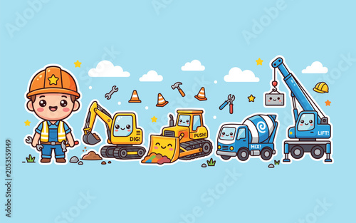 Cute Kawaii Construction Worker and Vehicles Collection
