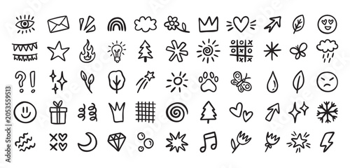 Valokuva Cute mini doodle icons for primary school, smiles and symbols, line art outline