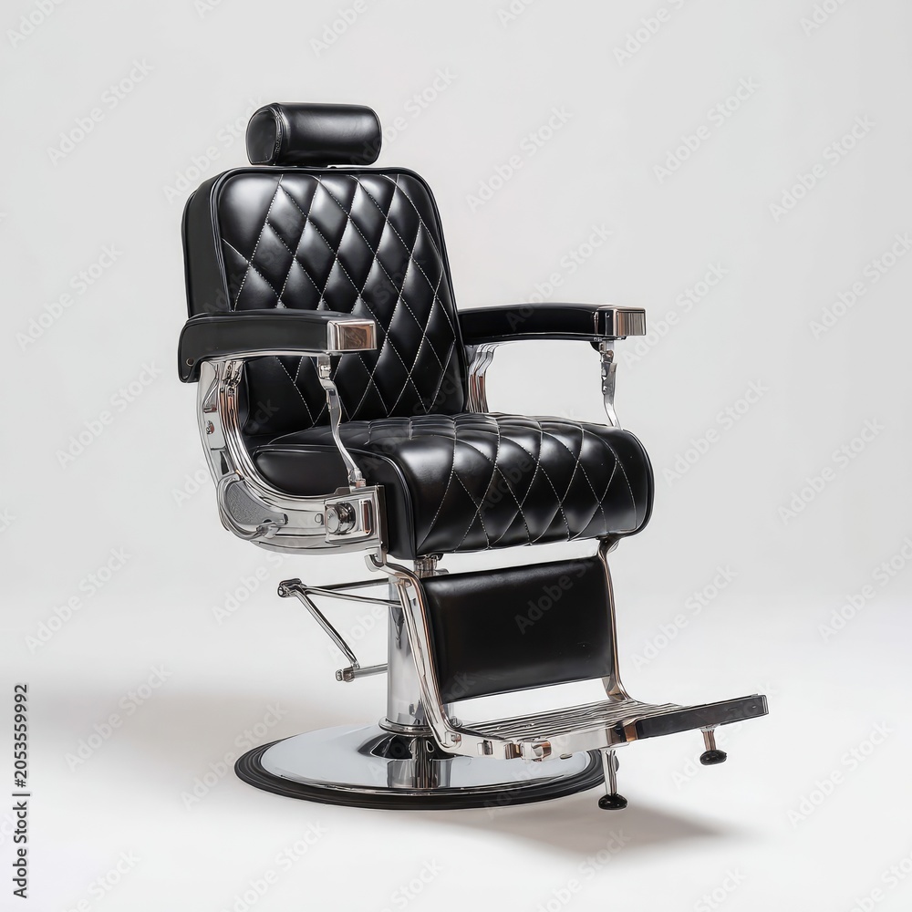 Naklejka premium Black quilted barber chair with chrome accents and footrest