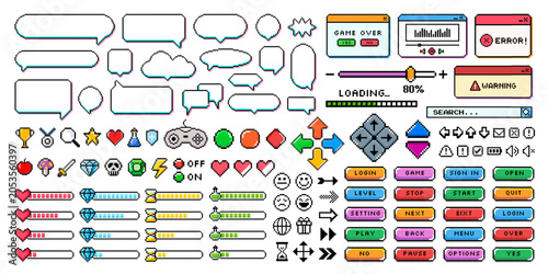Set of 8 bit pixel video game element, dialogue box, speech bubble, gaming button and mobile or computer interface. Halftone game icon, message frame and vintage comic sticker for cyberspace business.