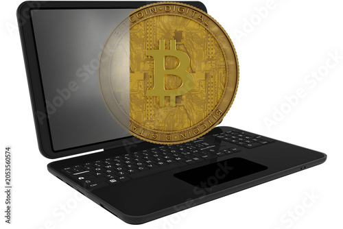 Moneta Bitcoin dorata sovrapposta allo schermo di un laptop, simbolo di criptovalute, blockchain e transazioni digitali. Ideale per temi finanza moderna, tecnologia e investimento online.