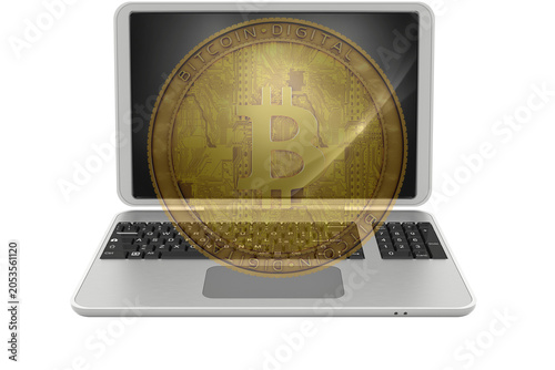 Moneta Bitcoin digitale semi‑trasparente sovrapposta a un laptop, simbolo di criptovalute, blockchain e transazioni online. Ideale per temi finanza digitale, tecnologia e investimento moderno.