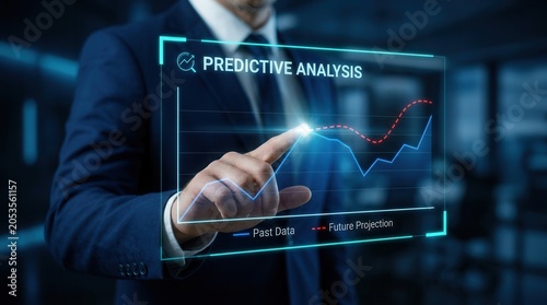 Business predictive analysis concept showing past data trend extrapolation and future projection modeling.