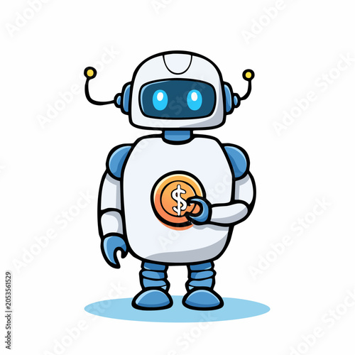 Friendly Robo Advisor Holding Coin for Smart Finance and Fintech Vector Illustration