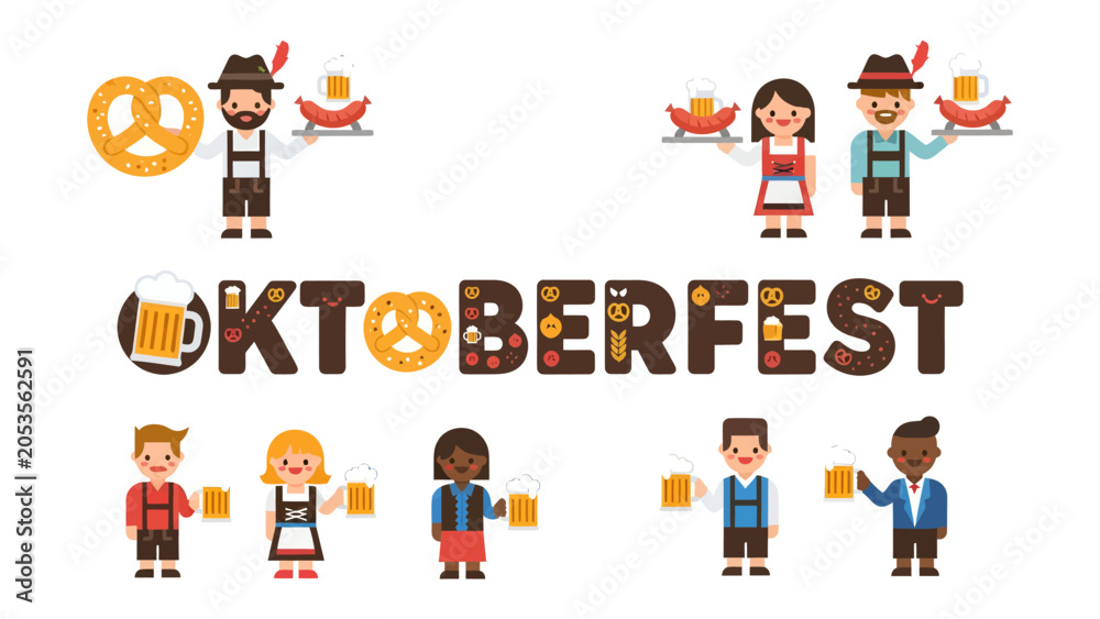 Fototapeta premium Oktoberfest Celebration: A vibrant illustration of Oktoberfest festivities, featuring traditional Bavarian attire, pretzels, and beer, all celebrating the joy and spirit of the German festival